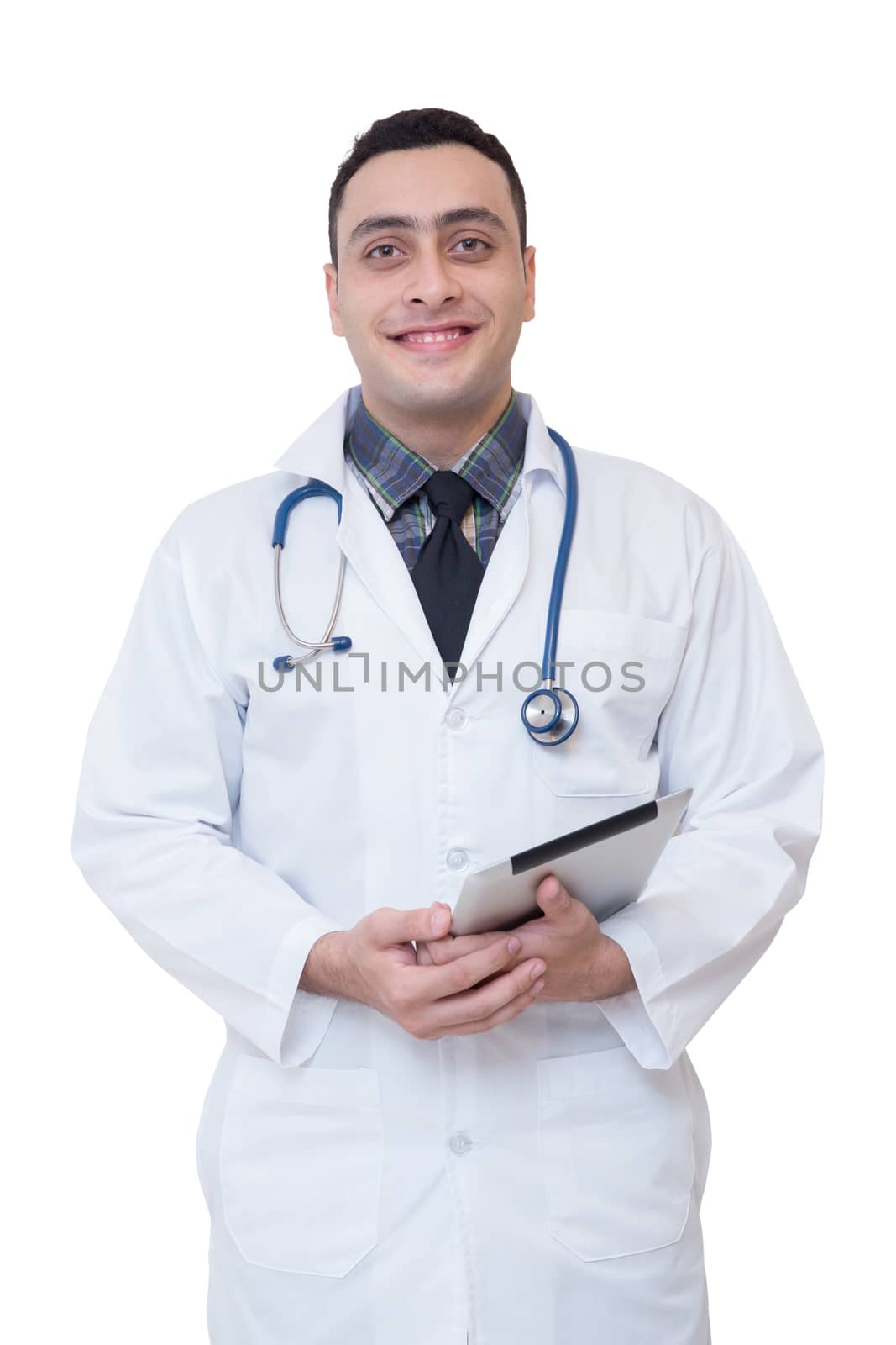 Doctor holding a tablet computer while using it isolated on white background