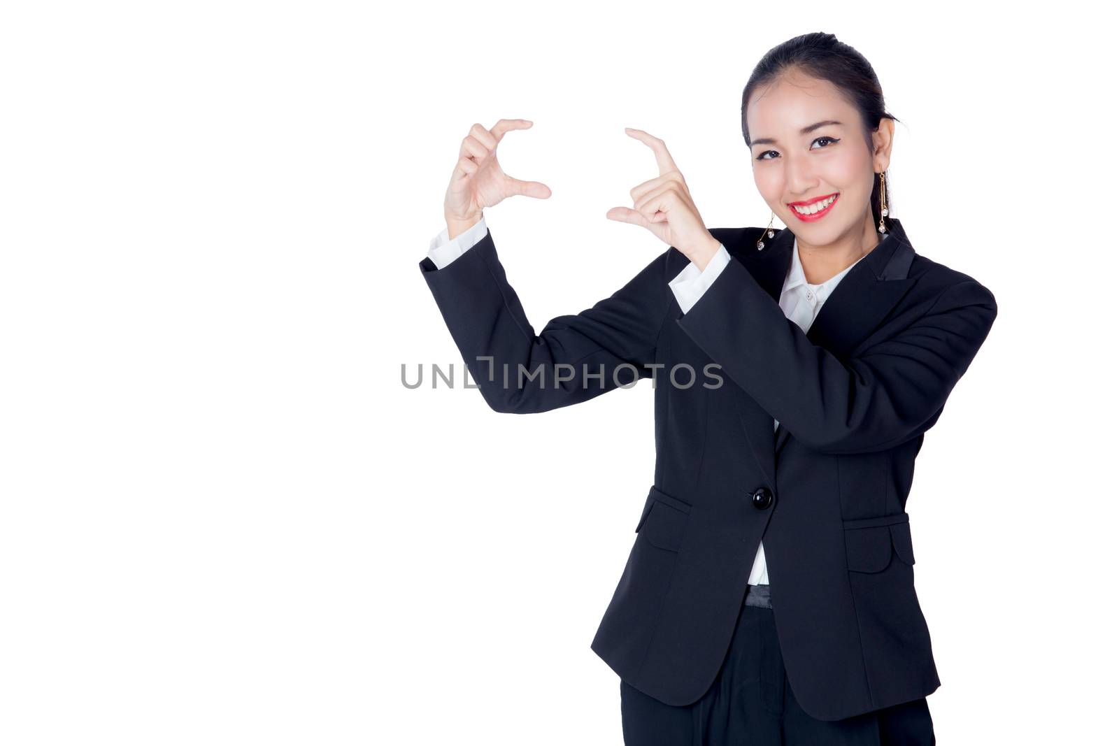 beautiful young asia businesswoman with gesture pointing something