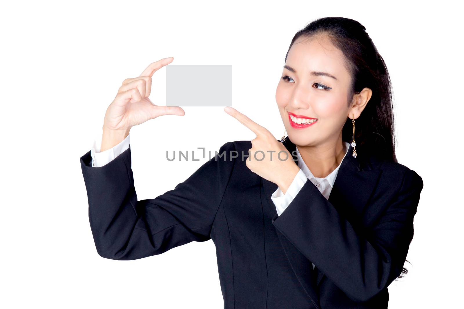 Beautiful woman hold blank business card isolated on white background