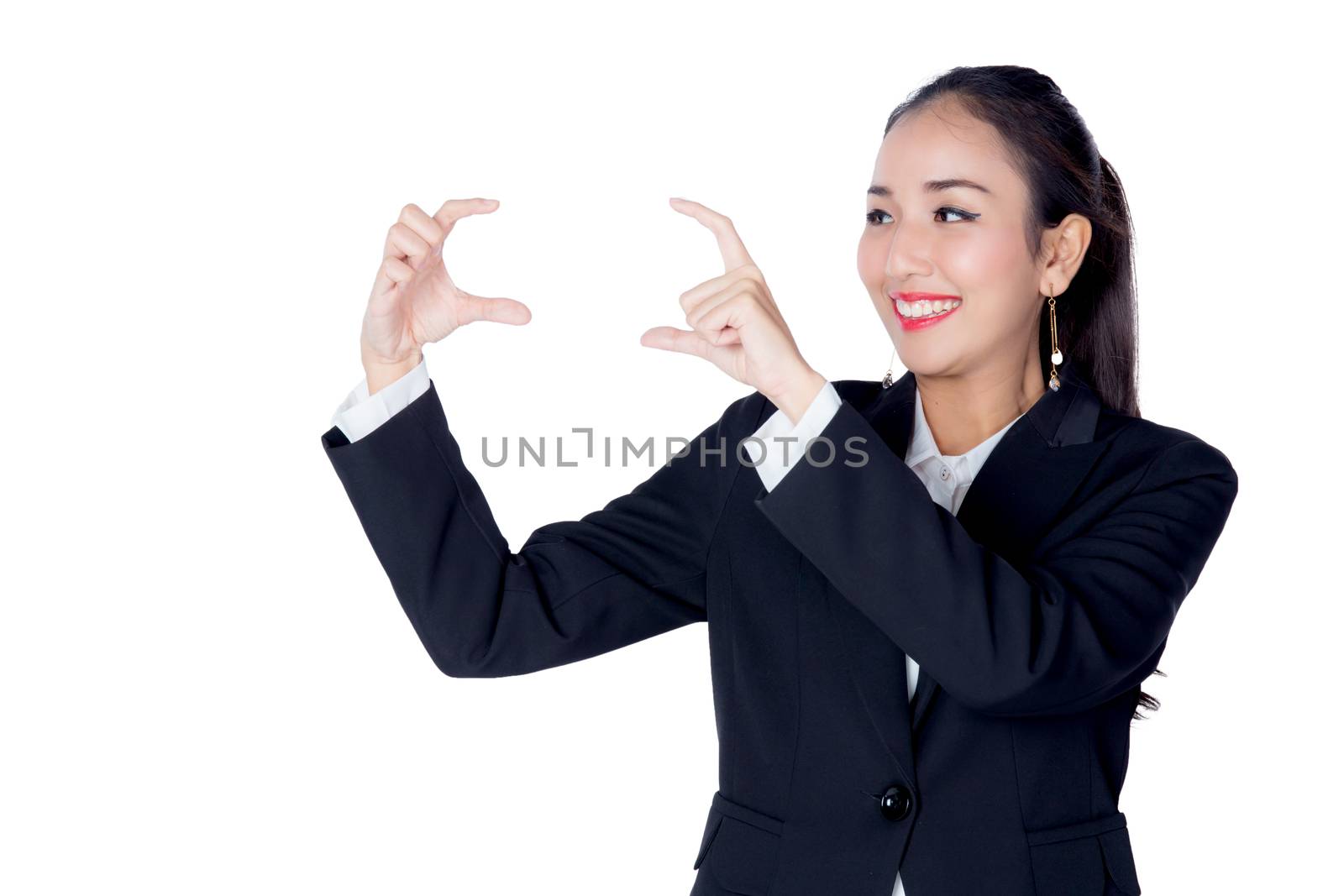 beautiful young asia businesswoman with gesture pointing something