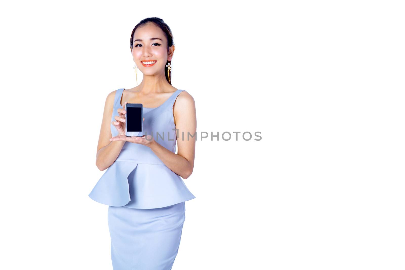 Young Business woman smile show mobile isolated on white background, model is a asian beauty