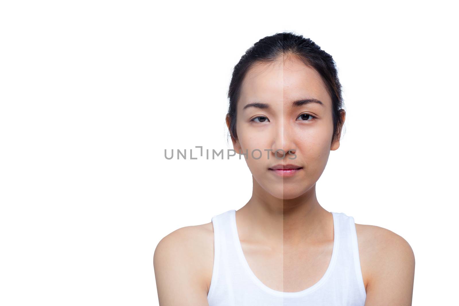 beautiful young woman on a white background, beauty concept. retouch before and after.face divided in two parts, poor condition the skin in good condition