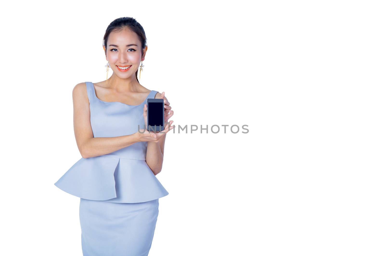 Young Business woman smile show mobile isolated on white background, model is a asian beauty
