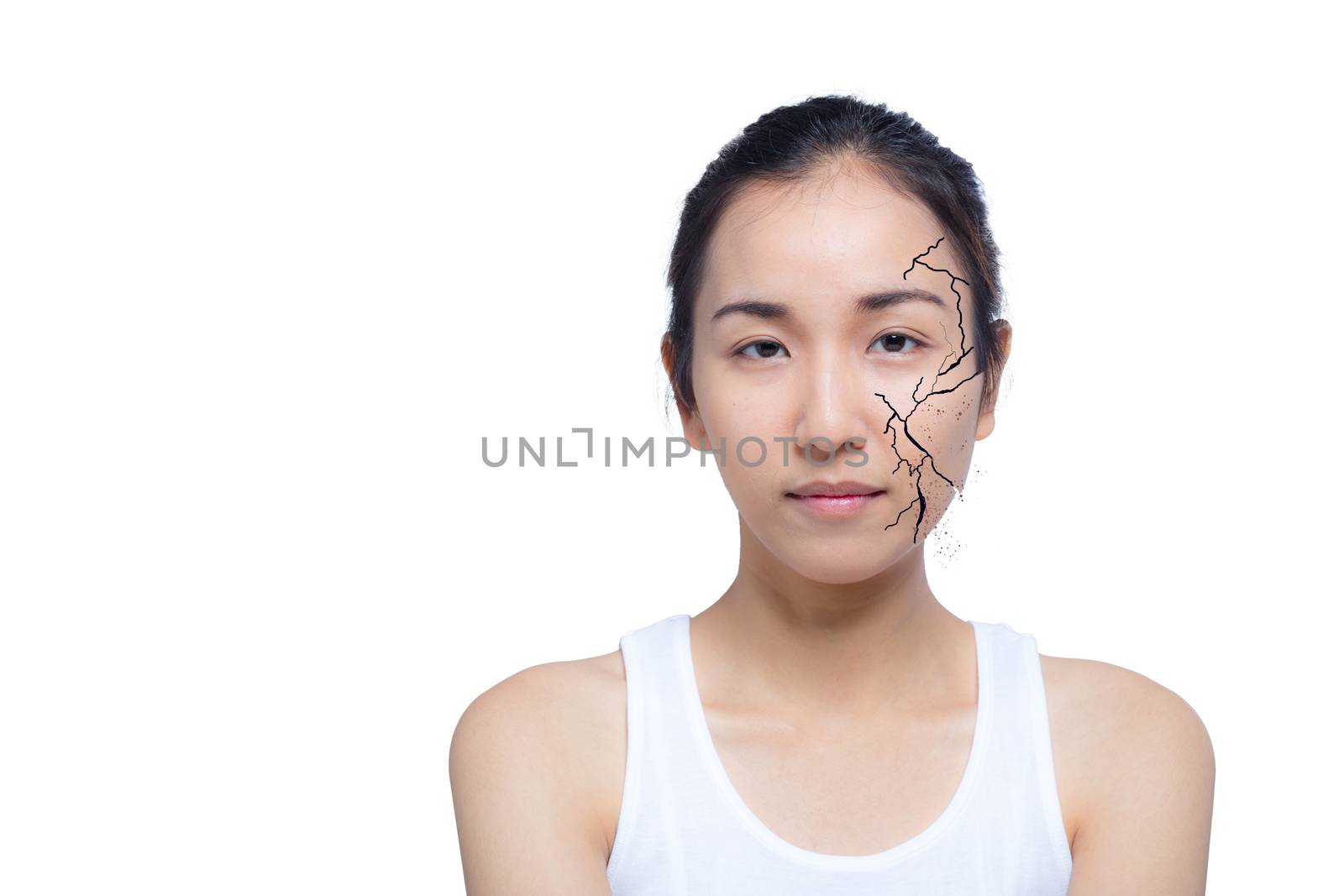 Closeup of woman cracked and damaged face as cosmetic and dehydr by nnudoo