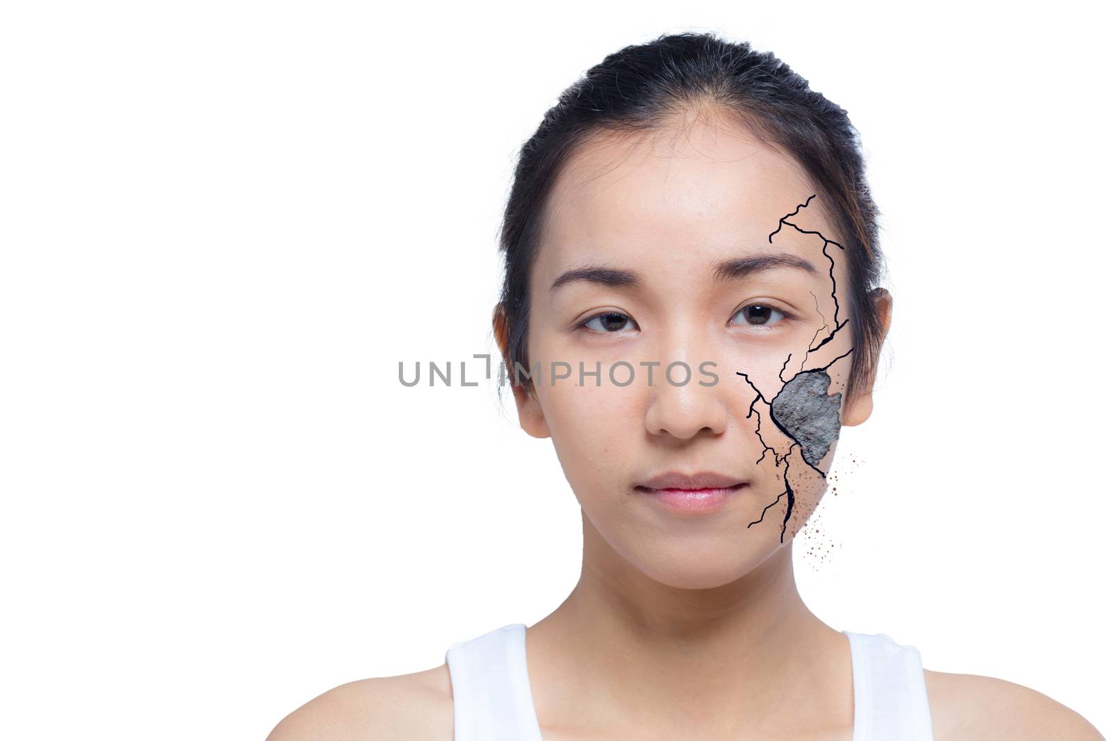 Closeup of woman cracked and damaged face as cosmetic and dehydration effect concept isolated on white background