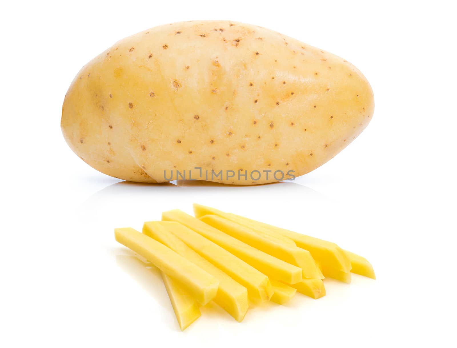 Potato raw and french fries on a white background by sompongtom