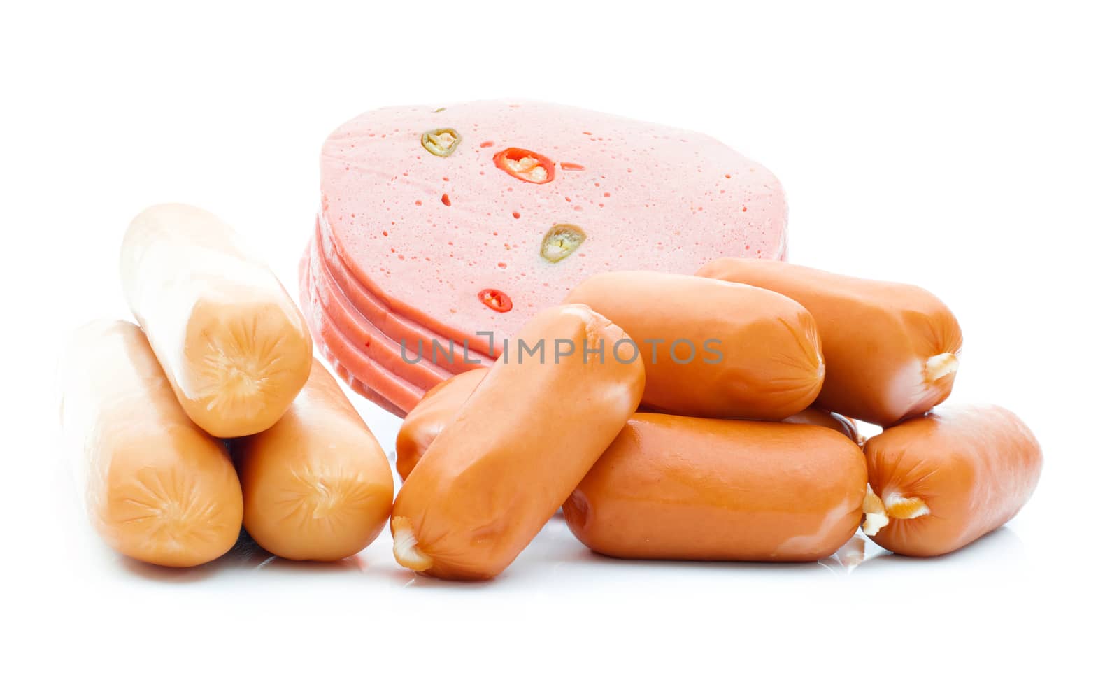 Fresh sausages on white background. by sompongtom