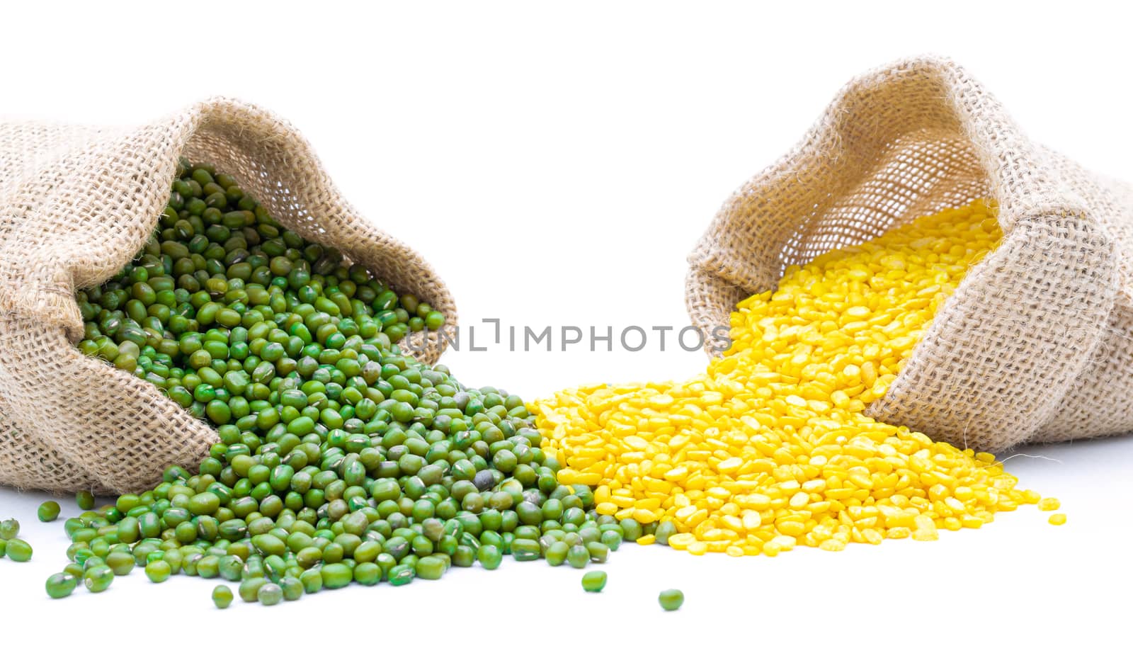 Grains Mung bean in a sack on a white background by sompongtom
