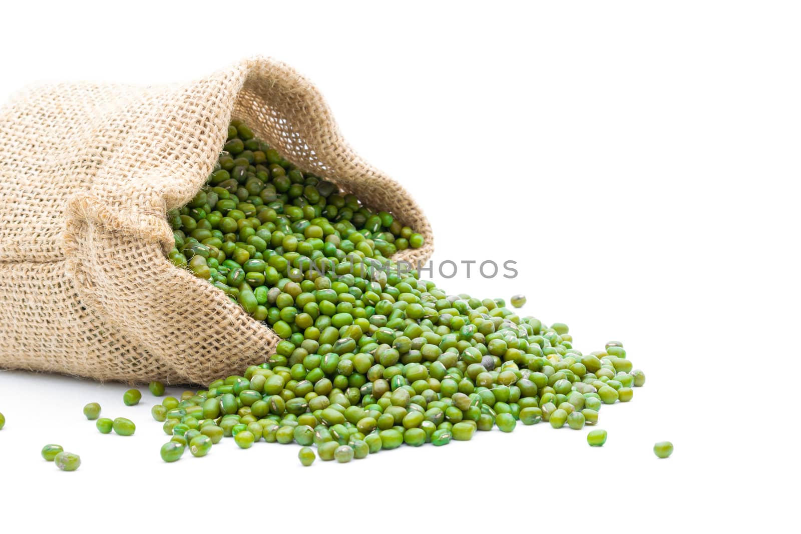 Grains Mung bean in a sack on a white background by sompongtom
