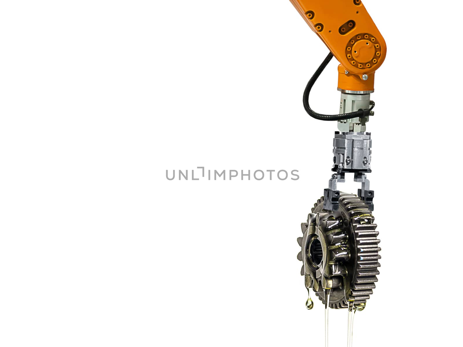 Robot arm industrial production technology and gears white background