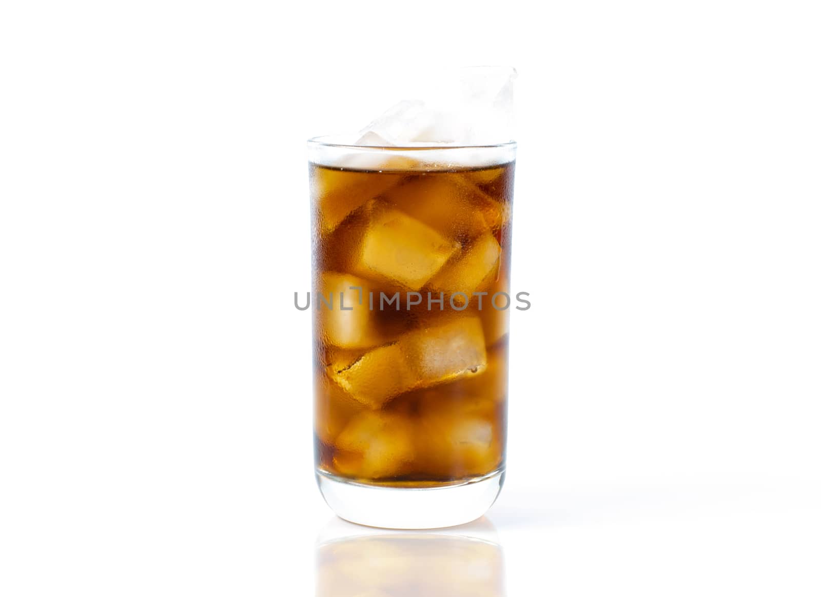 A drink cola in glass with ice on a white background