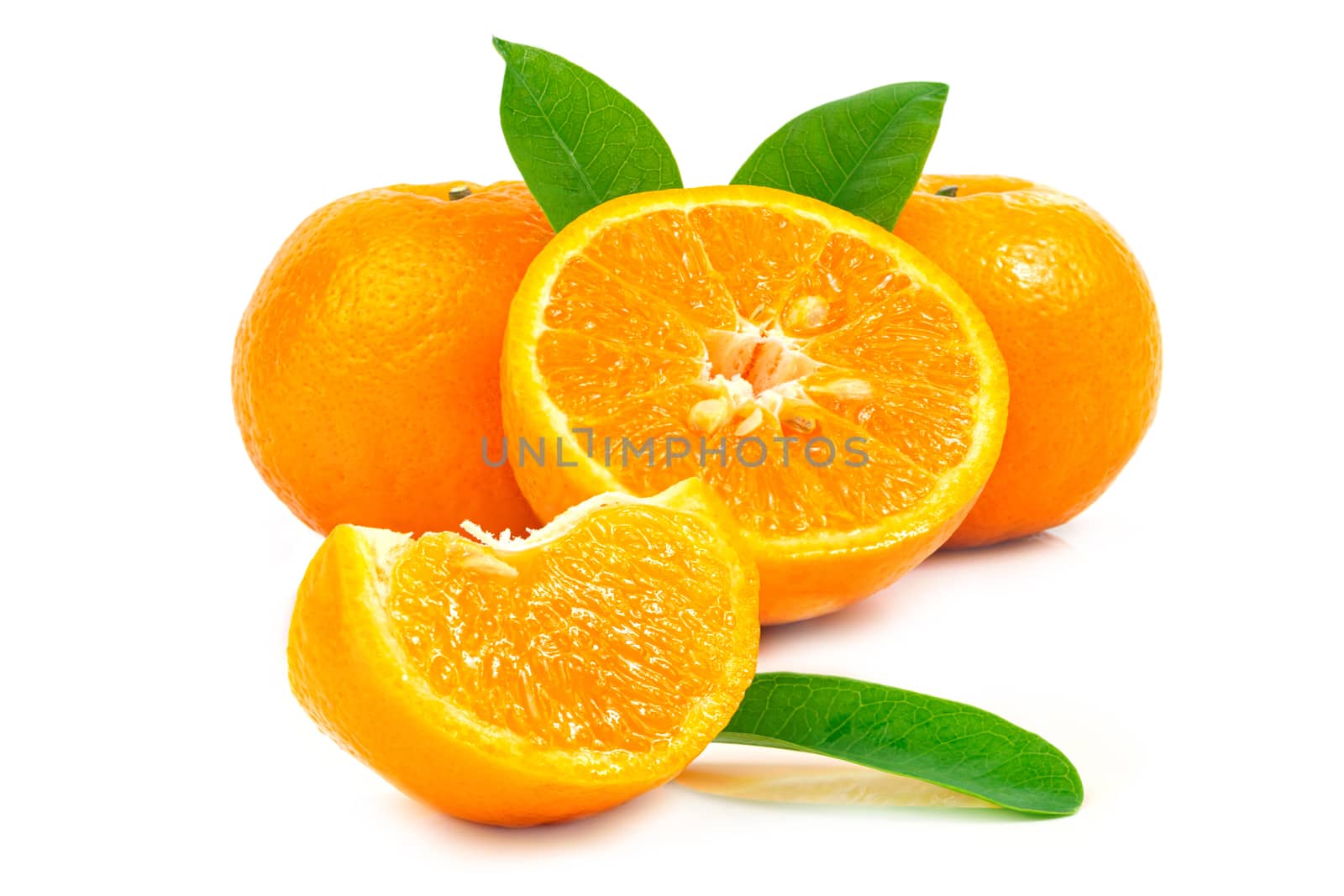 Fresh fruit orange with leaves on a white background by sompongtom