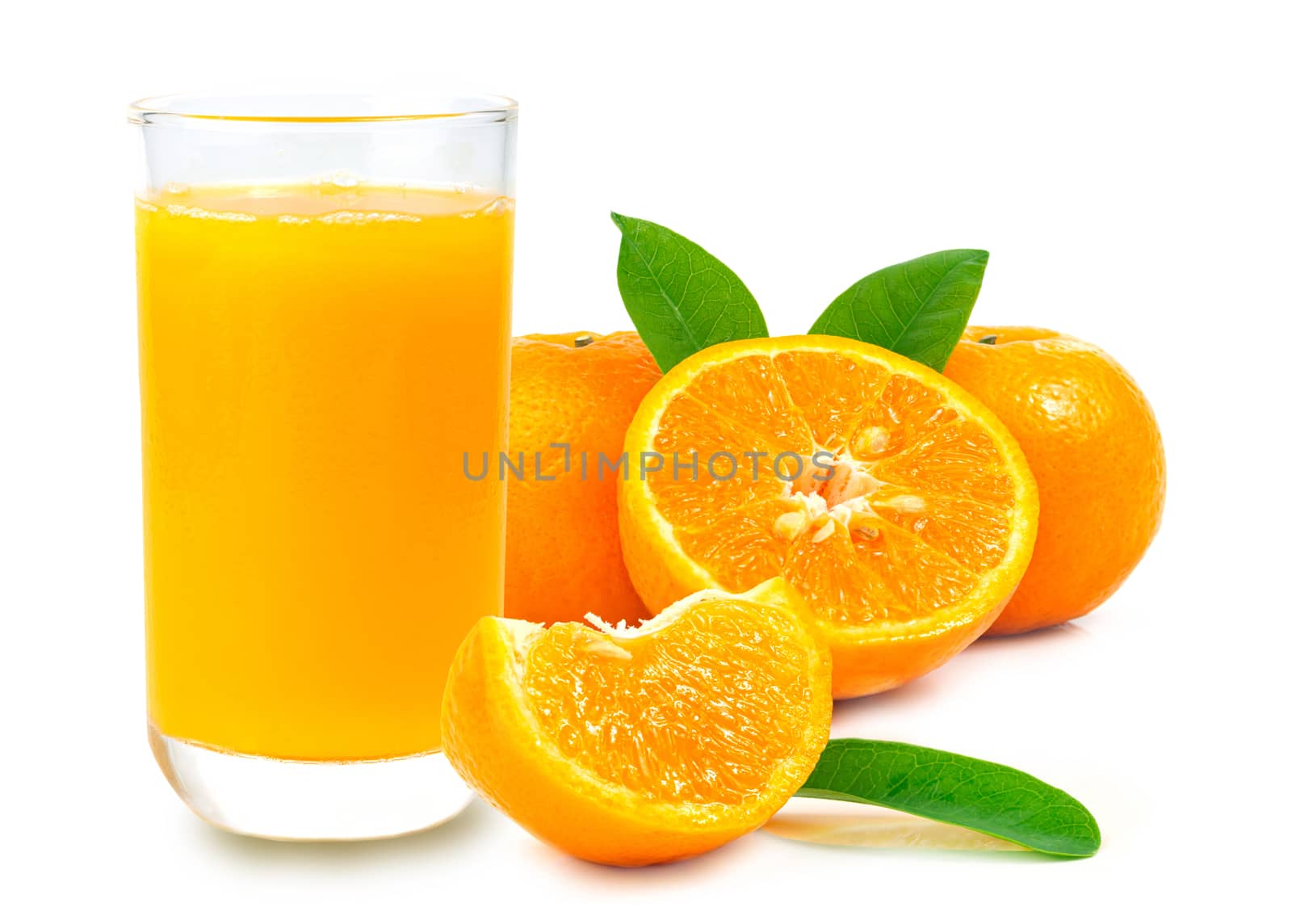 Orange juice and fruits on a white background