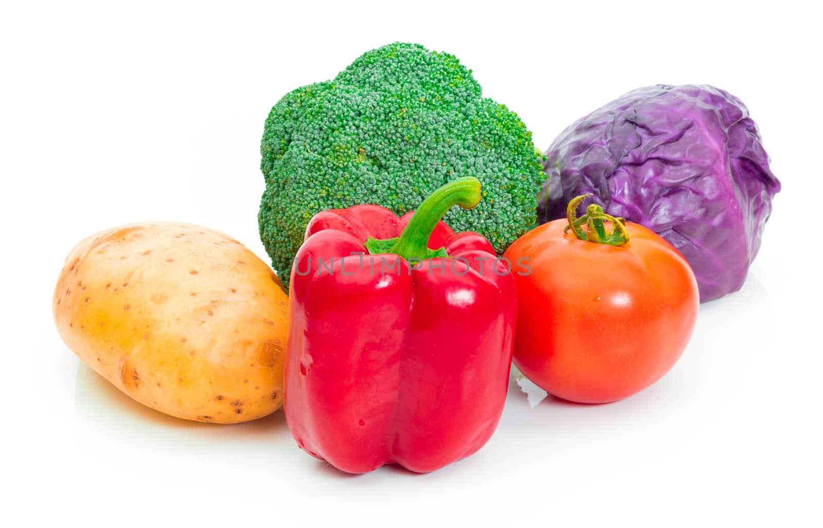 Broccoli tomato potato Red cabbage and Bell pepper On a white background by sompongtom