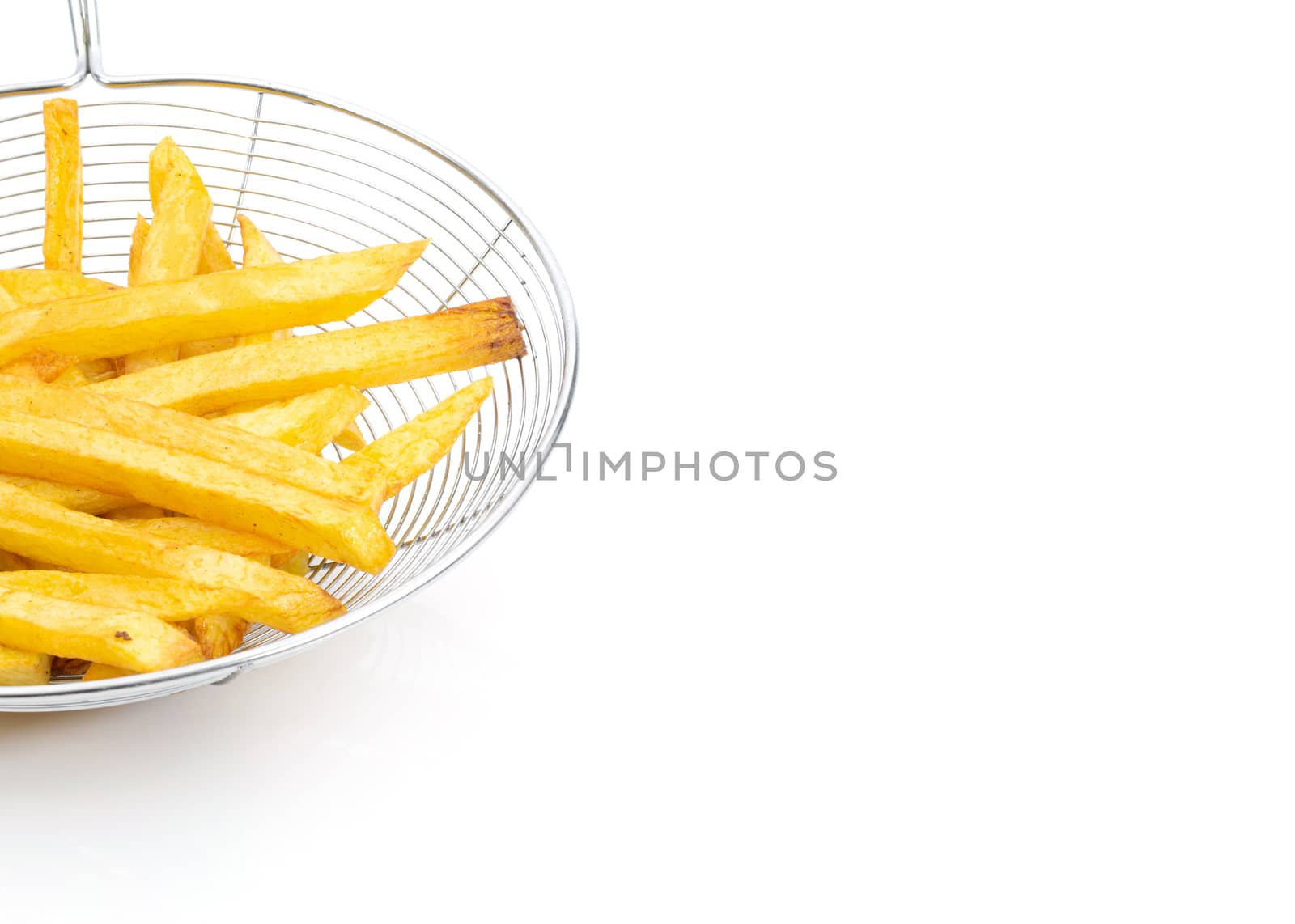 Potato french fries on a white background and free space