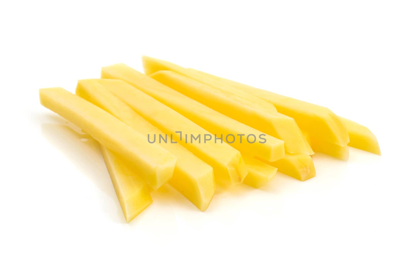 Potato raw and french fries on a white background