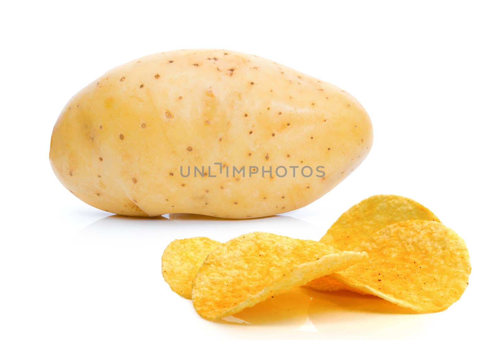 Potato raw and chips on a white background