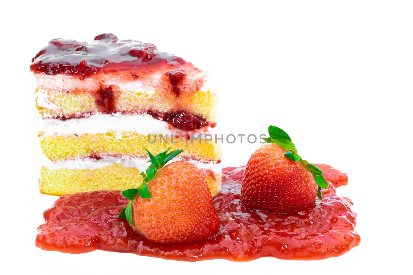 Cake Strawberry and Jam on white background.