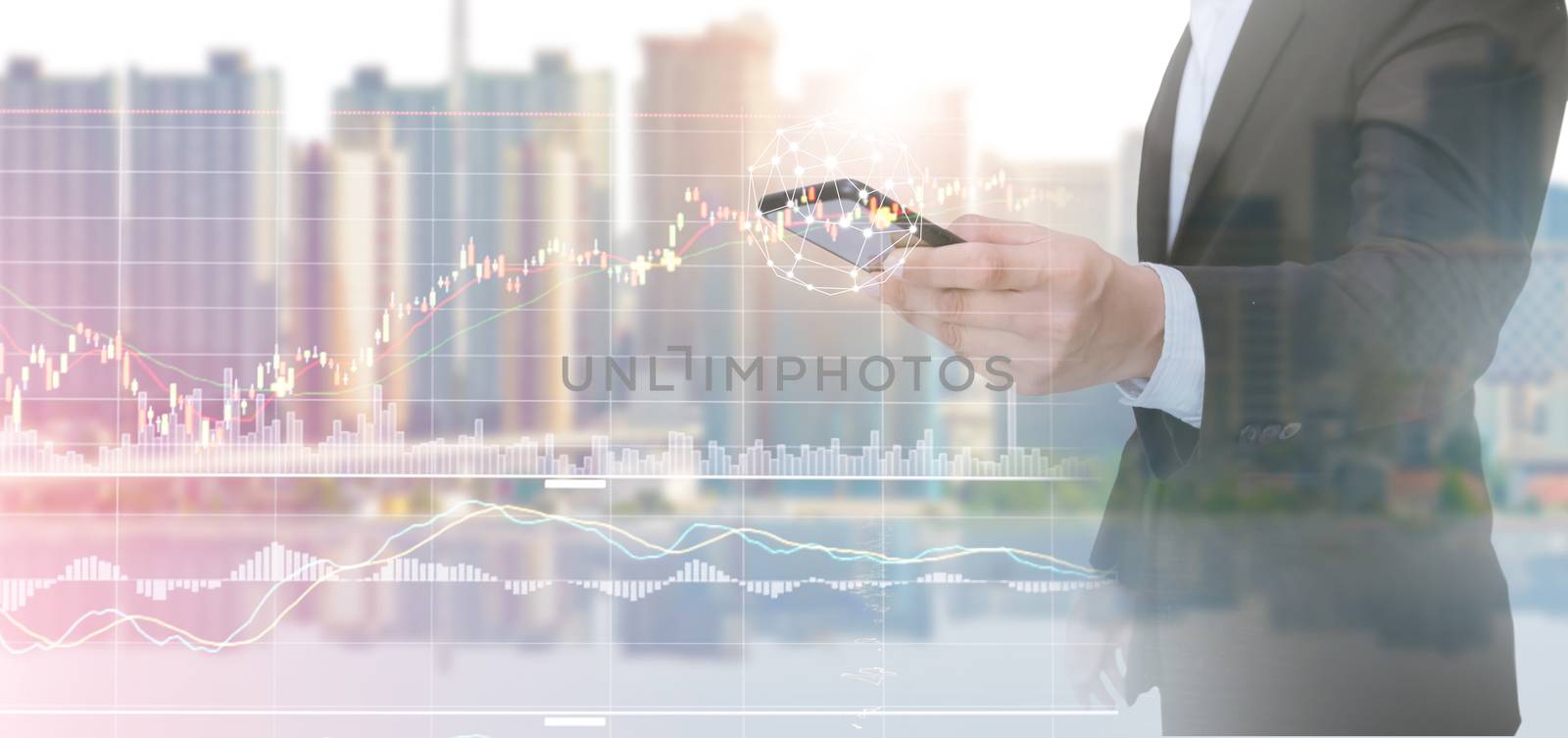 Businessman Men Analysis Graph With Technology City Background