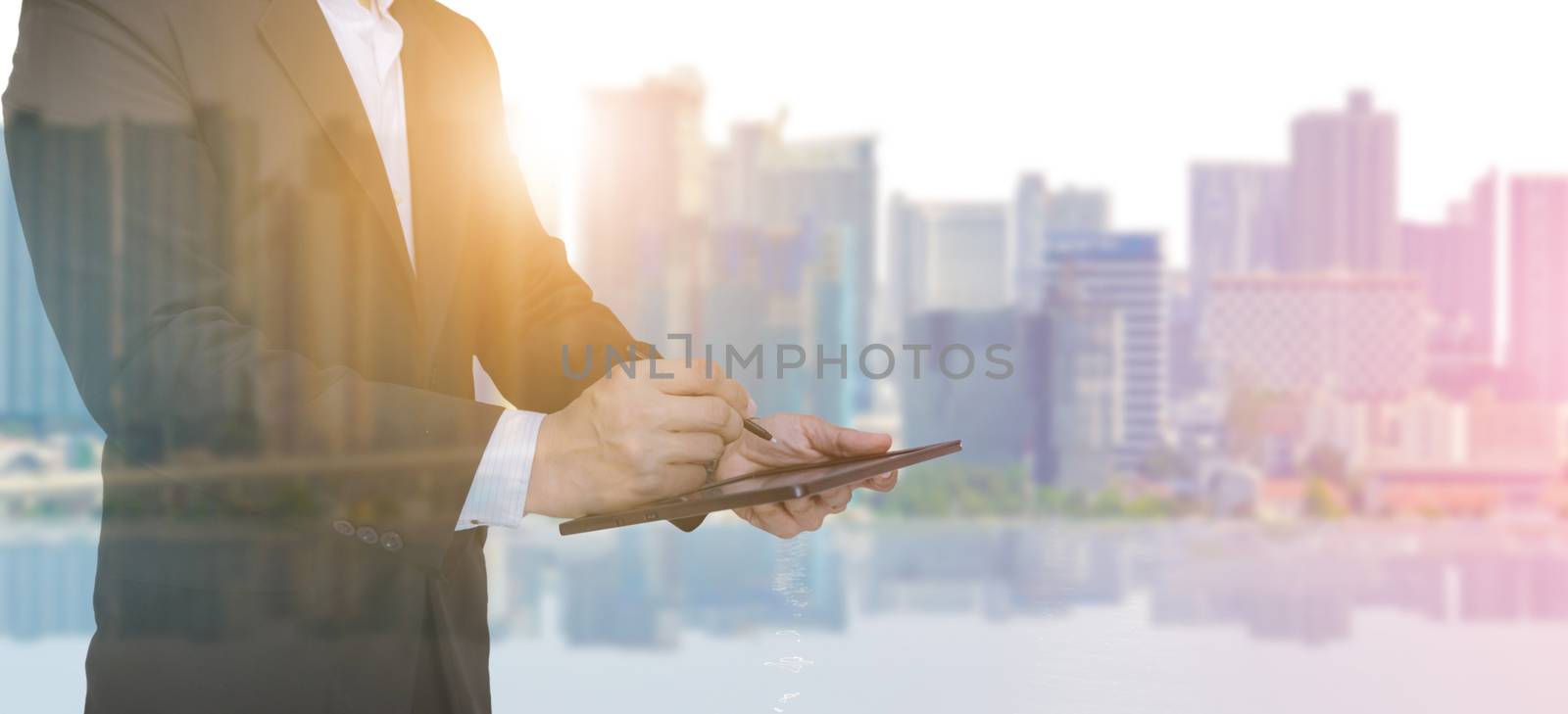 Businessman Men Analysis Graph With Technology City Background by sompongtom