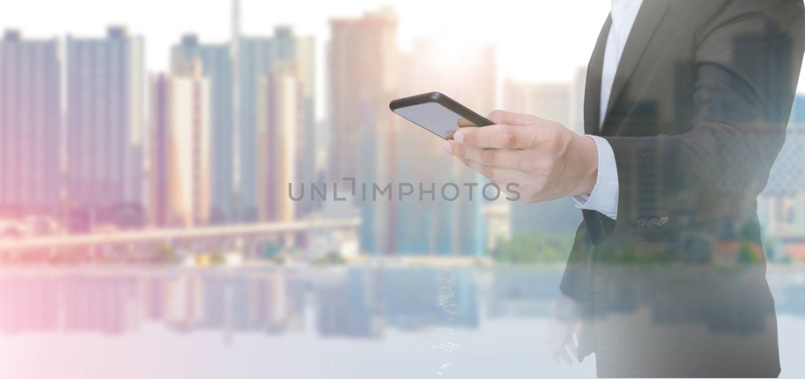 Businessman Men Analysis Graph With Technology City Background by sompongtom