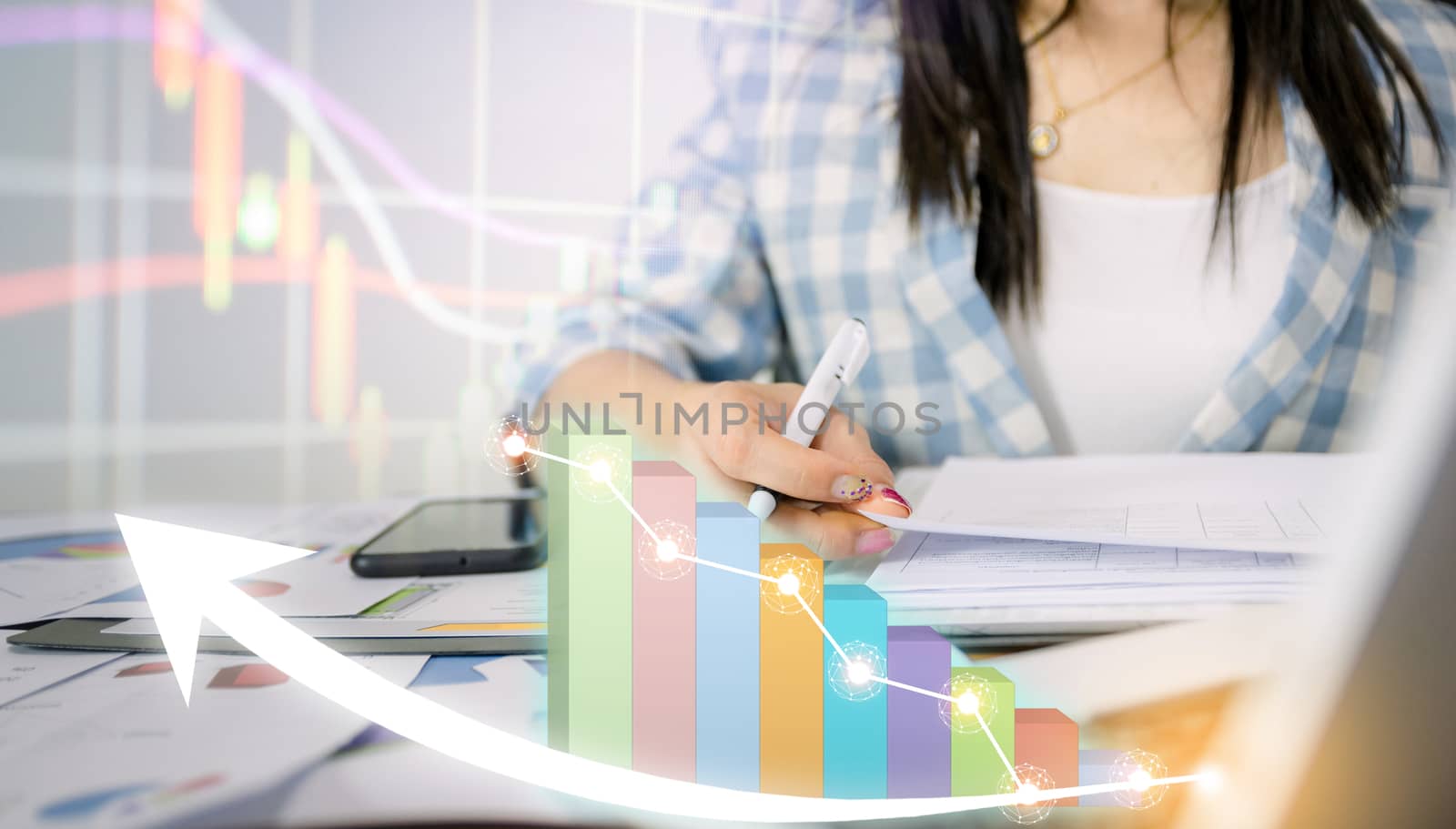 Business analyze graphs with the technology development pointing graph corporate to success and growing plan concept