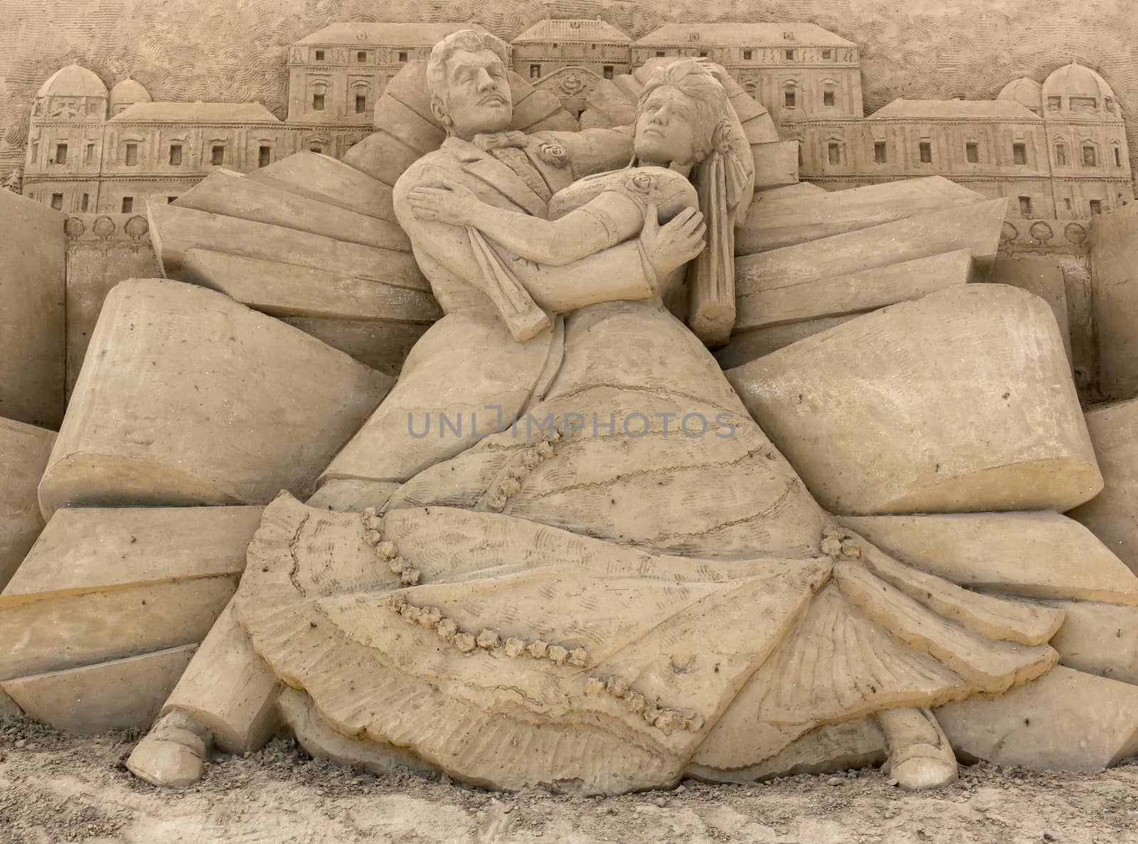 Jesolo, Italy, July 19 2016: sand sculptures exhibition in Jesolo (VE) ITALY. Theme of the show: the European capitals.