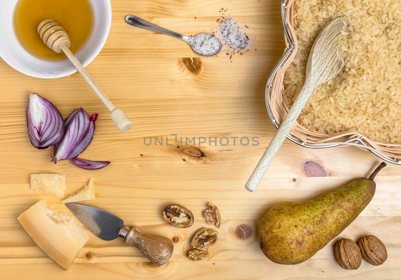 Ingredients for rice with pears, walnuts and honey by germanopoli