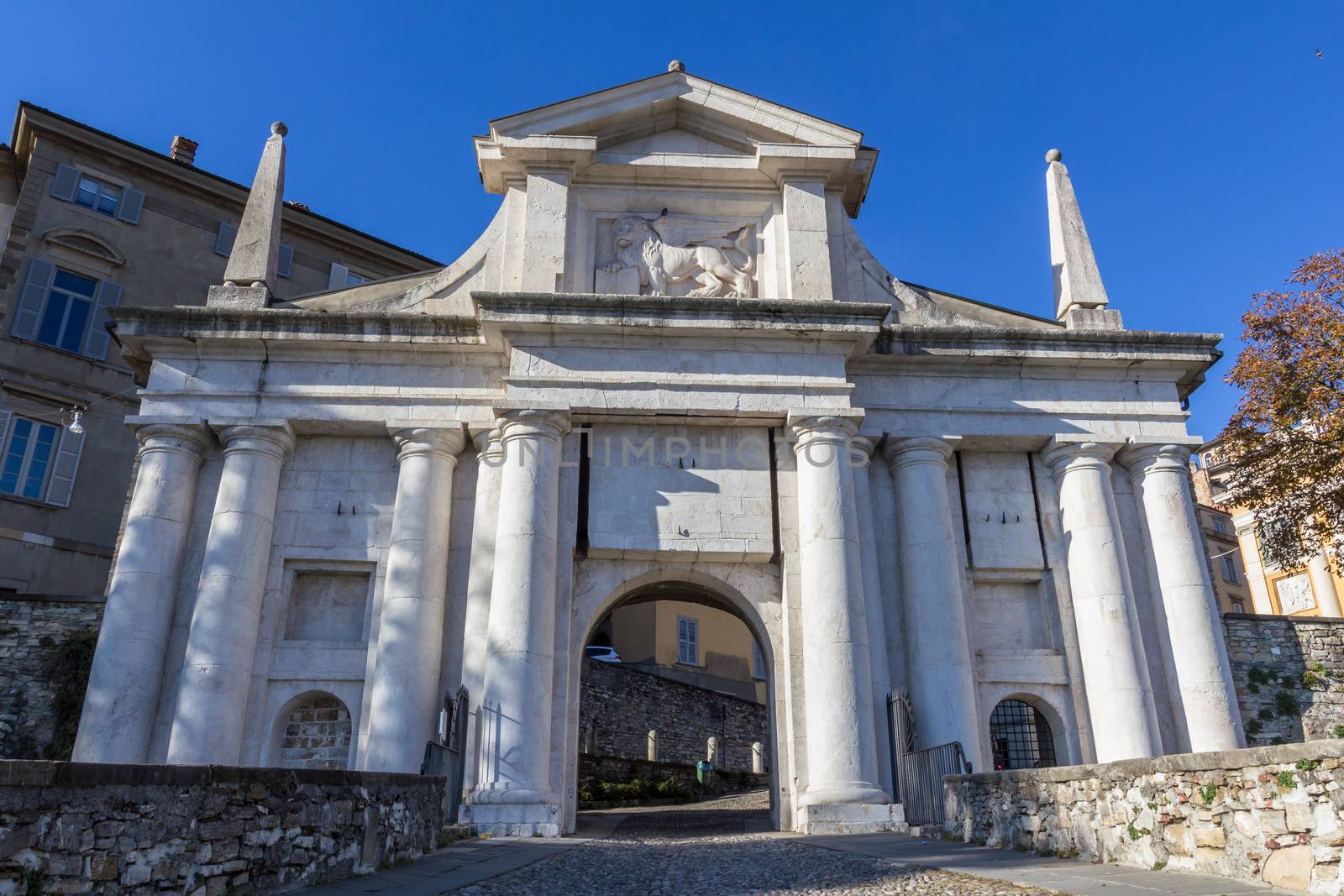 Medieval San Giacomo gate in Bergamo, Italy.