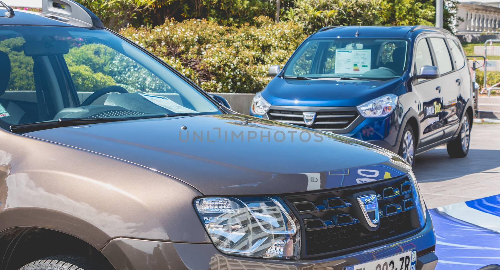 Sables d Olonnes, France - May 07, 2017 : Dacia Tour 2017 is a commercial operation organized by the car builder in order to present its cars throughout France - Close-up on cars