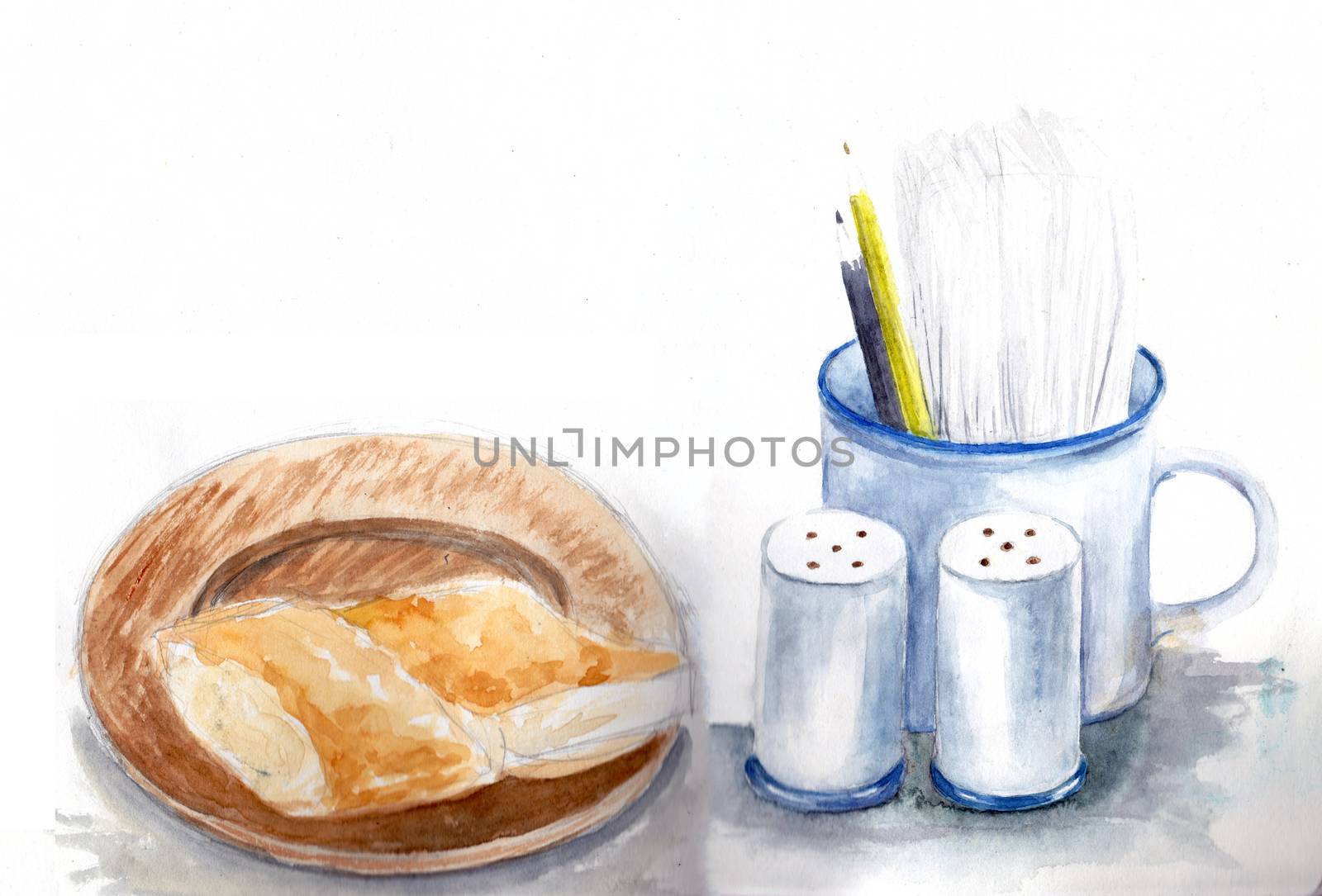 Hand Drawn Sketch from Cafe. Objects on table: Mug, salt and pepper, pastry bun on plate. Watercolor illustration by sshisshka