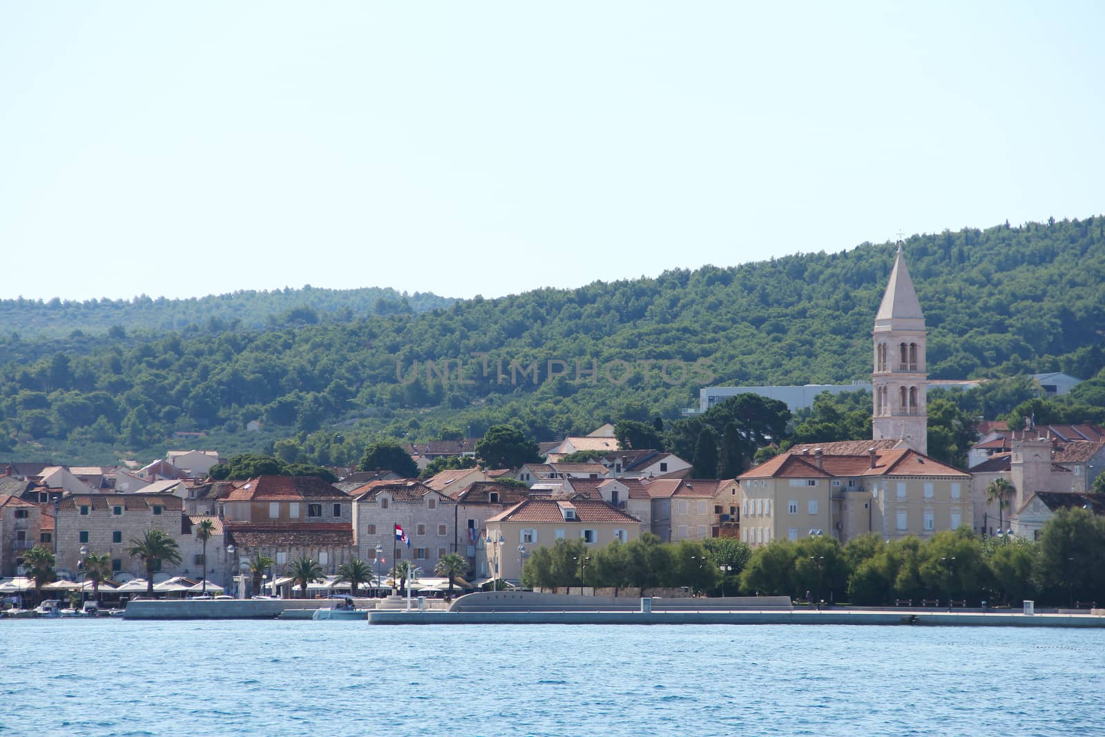 Supetar city in Brac island, Croatia, view from the sea