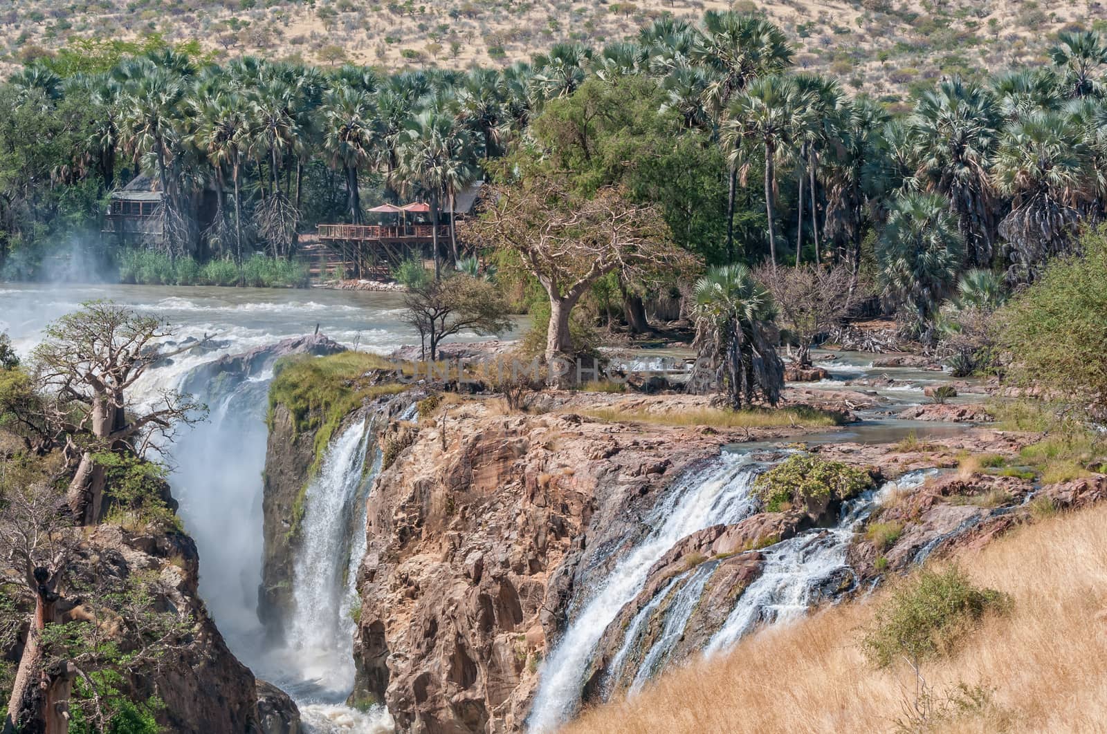Part of the Epupa waterfalls in the Kunene River. Buildings, baobab and makalani palm trees are visible