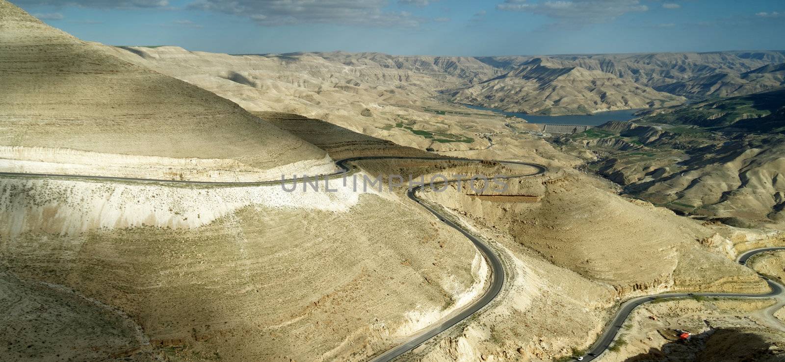 Panoramic view of the King Highway ascending the road north of the Wadi Mujib reservoir in Jordan, middle east