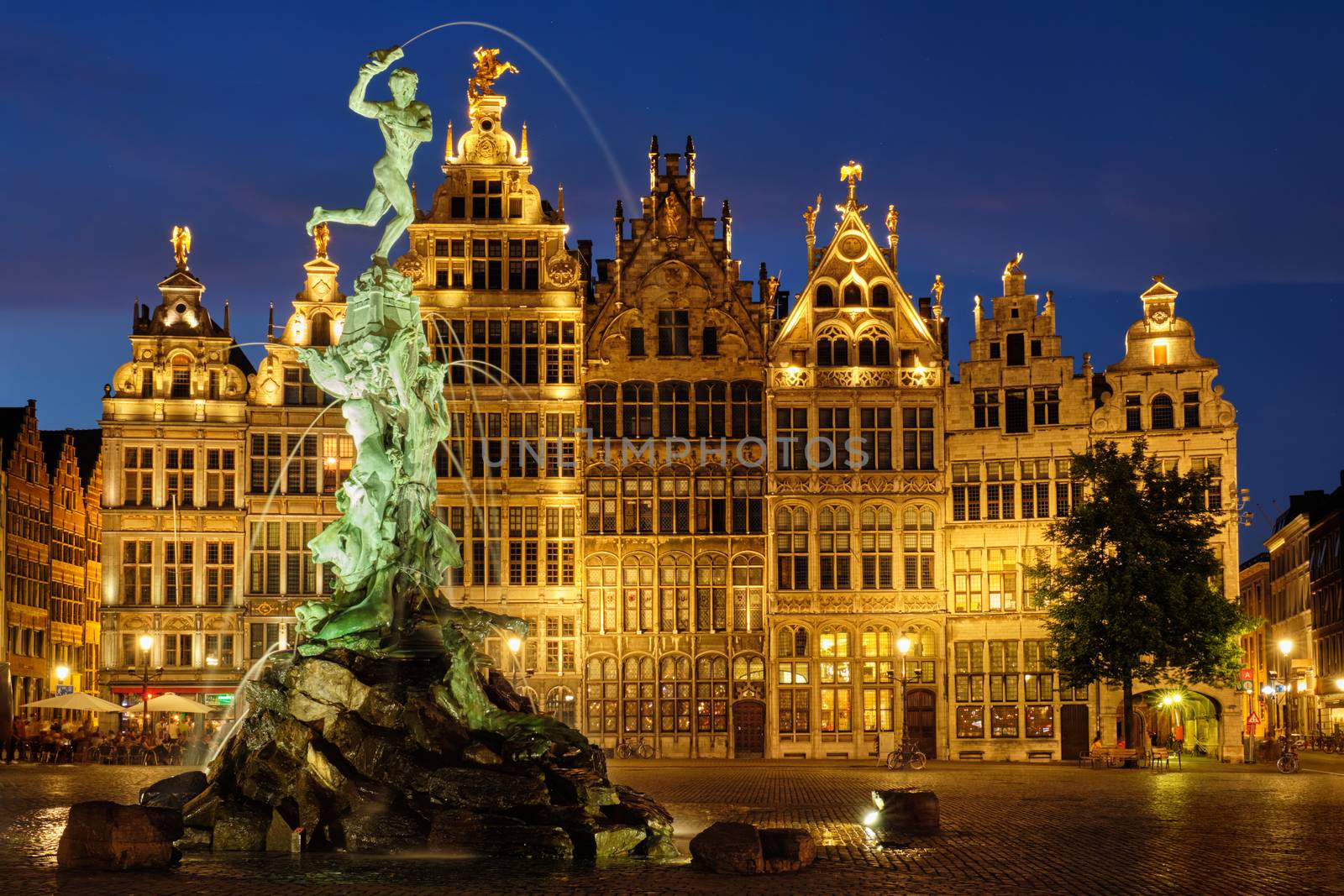 Antwerp Grote Markt with famous Brabo statue and fountain at night, Belgium by dimol
