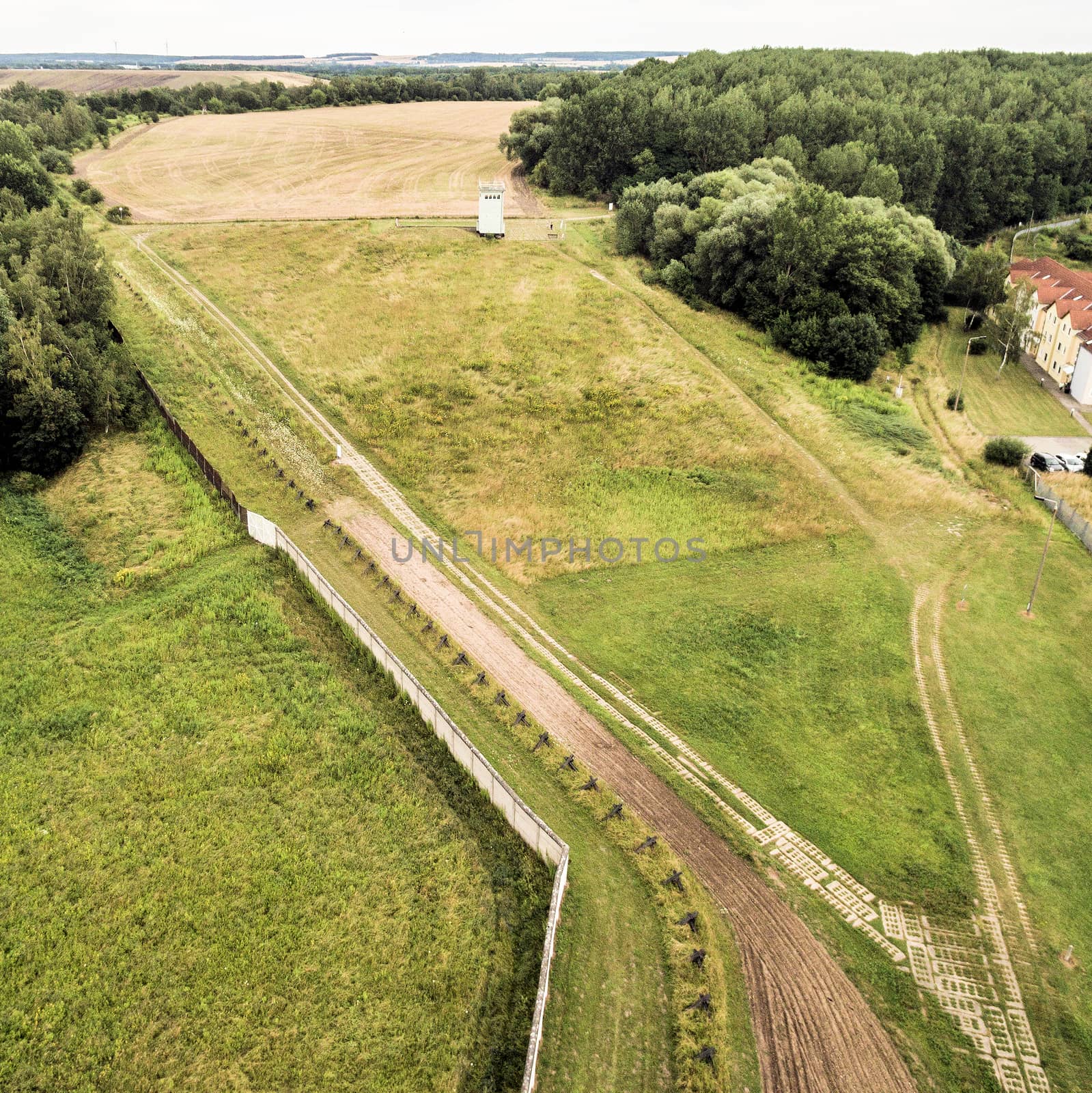 The former border area between West Germany and the GDR, open-air exhibition at Hötensleben, aerial photo taken at an angle, made with drone
