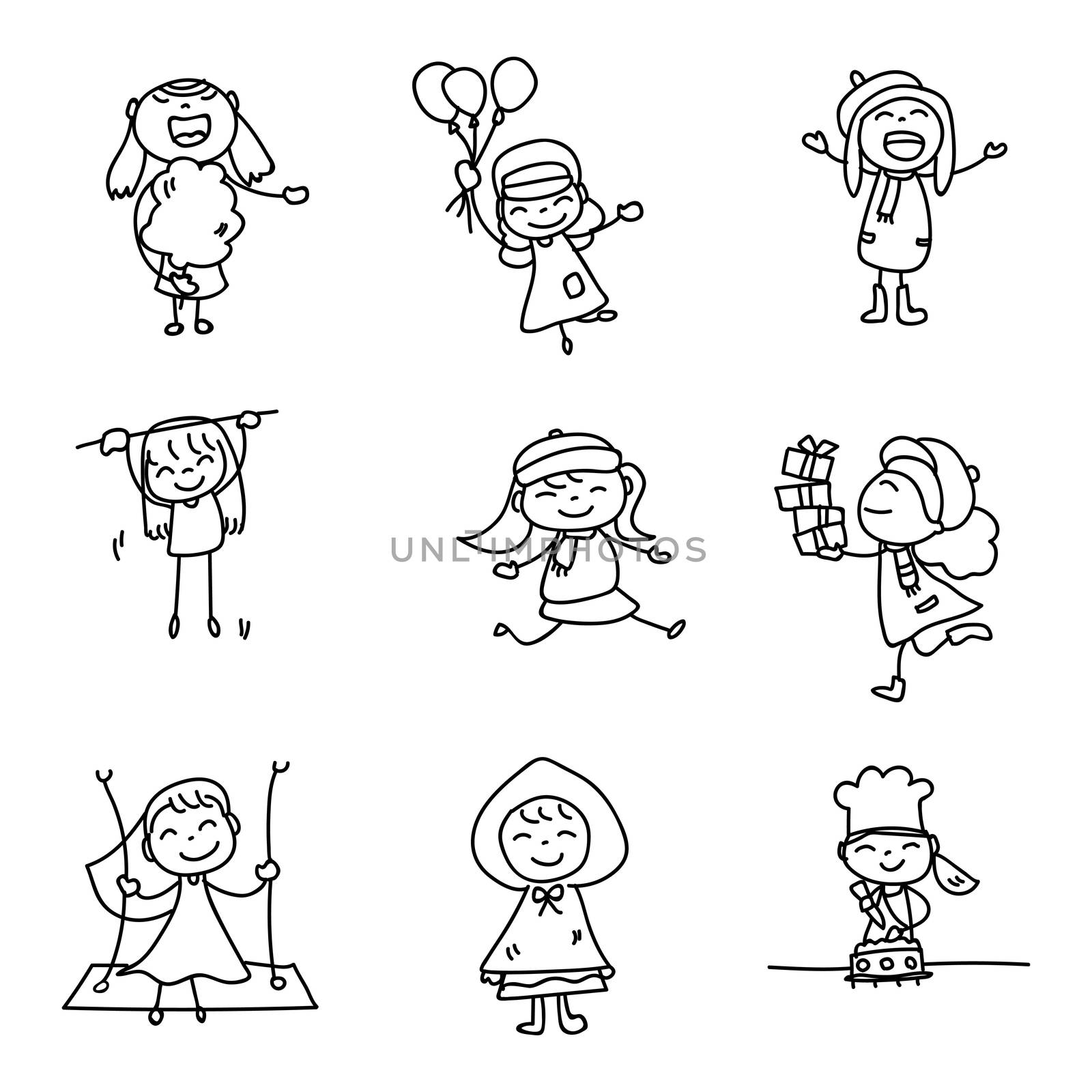 children illustration hand drawing vector happy kids girls happiness concept abstract cartoon character doodle design style line art. all object group with white filled. ready to use as clip art.
