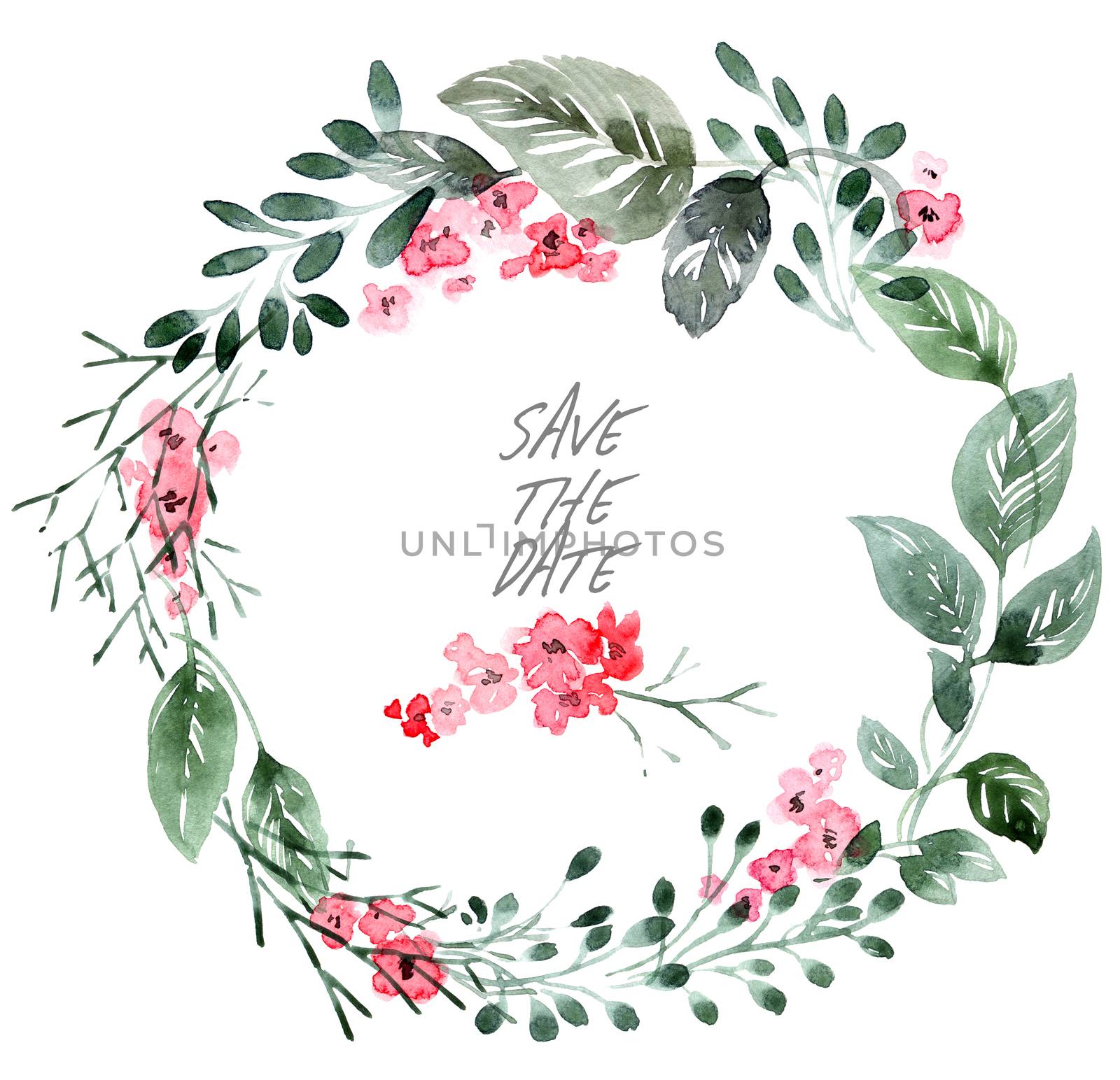 Watercolor floral arrangment - flowers, buds and leaves. Decorative botanical illustrations.