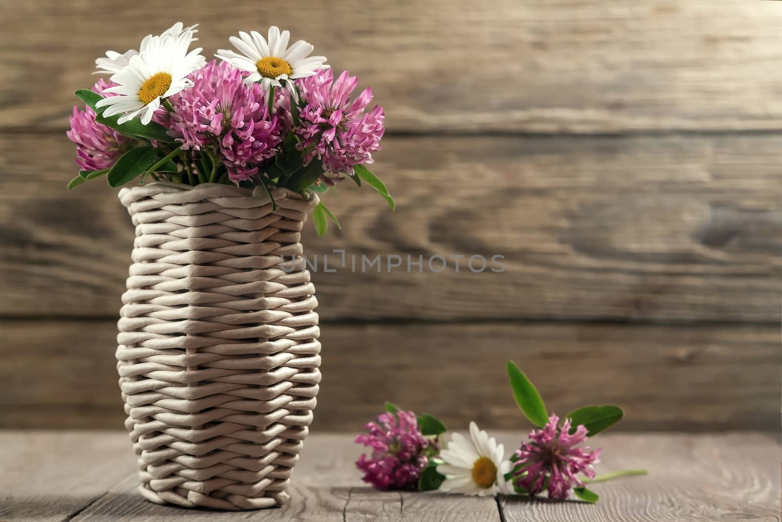 Bouquet of wildflowers, daisies and clover in a wicker vase on a wooden background. Image with copy space for postcard or design.