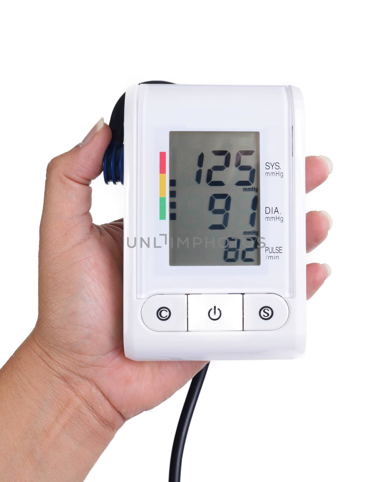 Medical instrument, blood pressure meter, in someone hand.