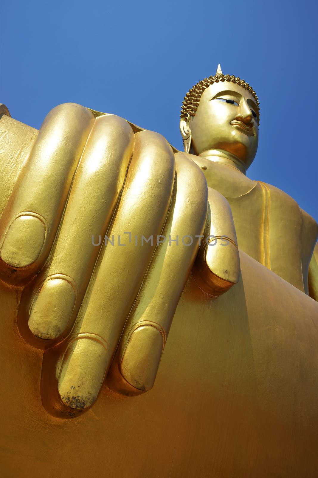 From the hand of golden buddha looking above to buddha face.