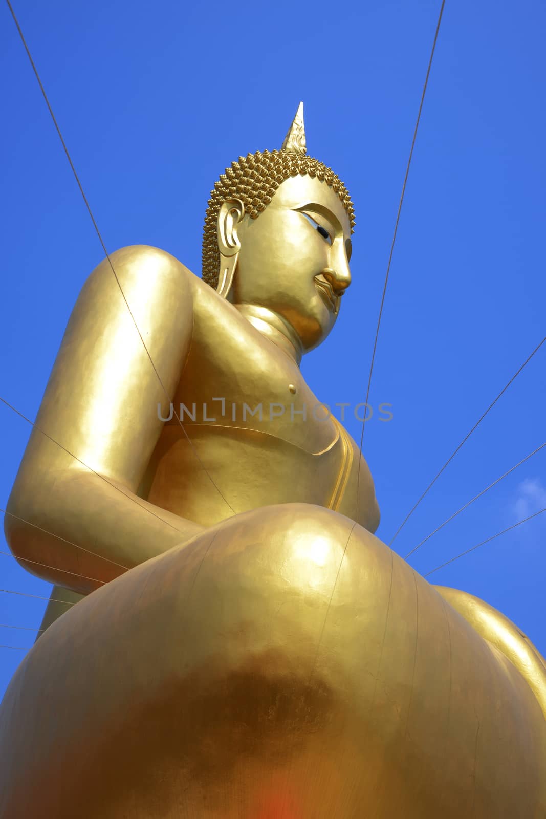 Meditate golden buddha sitting on blue sky background.