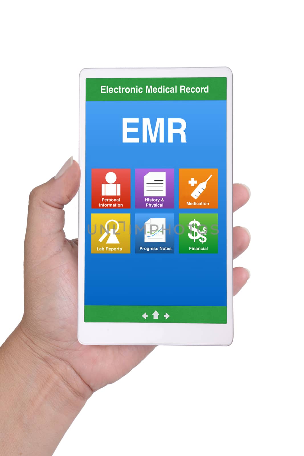 Hand holding smartphone showing electronic medical record menu on screen on white background.