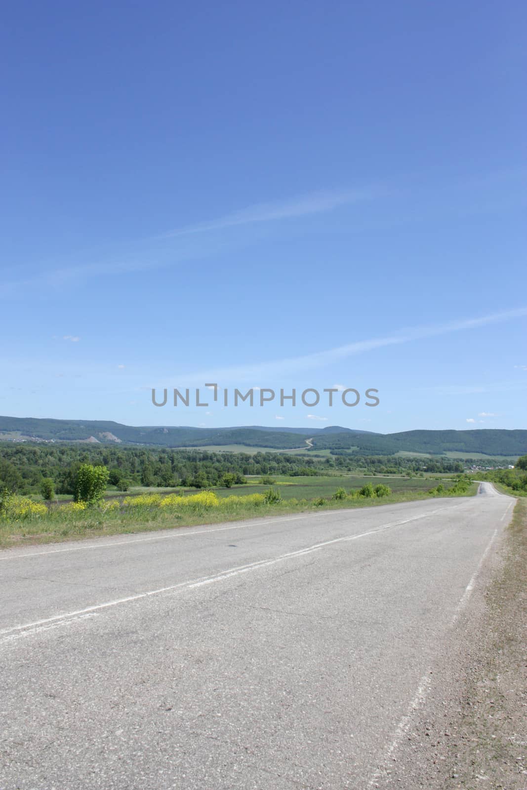 Beautiful summer landscape with road to mountains