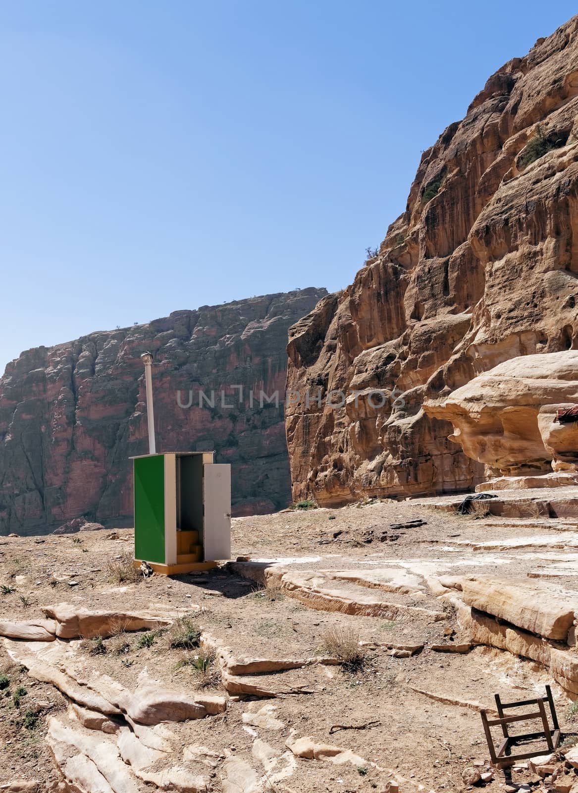 Mobile toilet facilities set up for tourists on the way to the big monument Ad Deir in Petra, Wadi Musa, Jordan by geogif