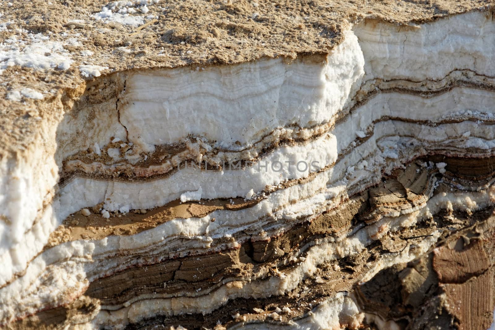 Stratification of salt and mud deposits in alternating storage on the banks of the Dead Sea in Jordan, middle east