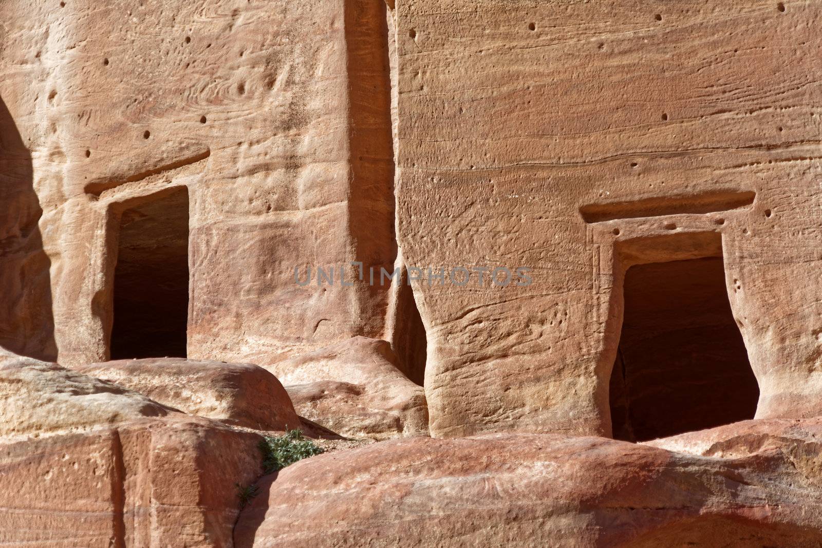 Close-up of two empty burial chambers and tombs in Petra, Jordan, middle east