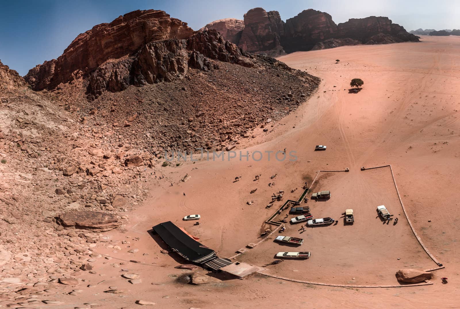 Aerial view of the Lawrence spring in the Jordanian desert near Wadi Rum, made with drone