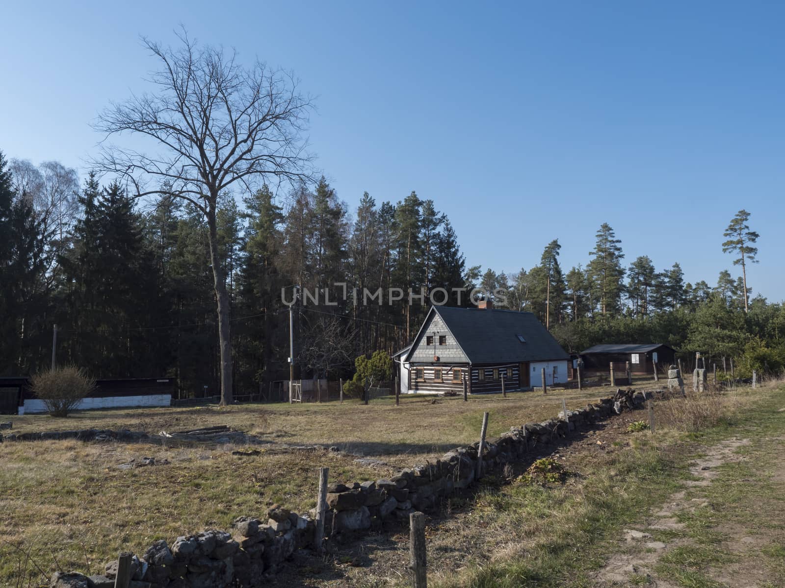 country road with old rustic cottage half timbered house in solitude near village Marenicky in luzicke hory, Lusatian Mountains, early spring, blue sky.