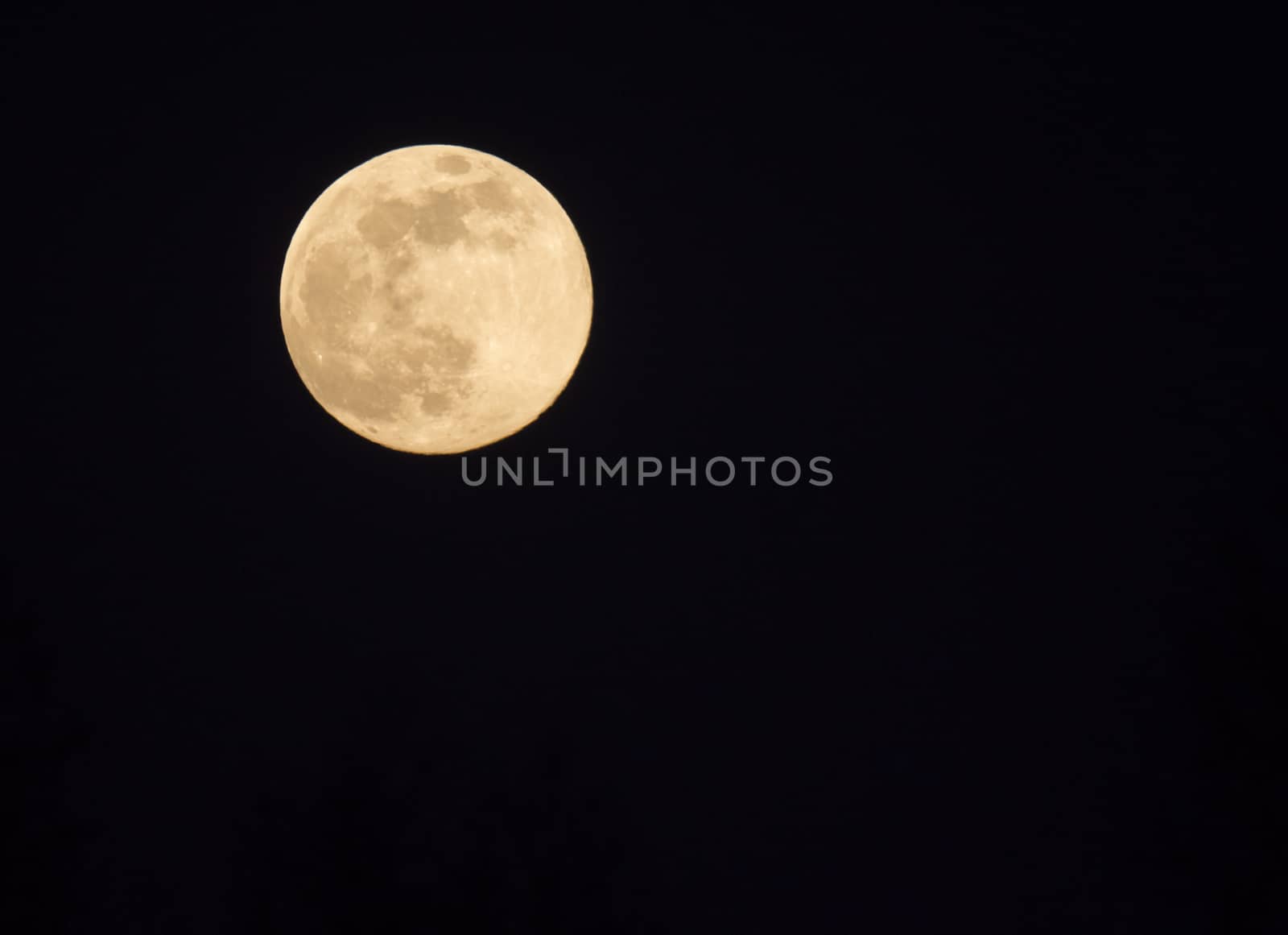 Close up of full moon seen with the telescope from northern hemisphere. Yellow brown tone. Black night sky background. by Henkeova